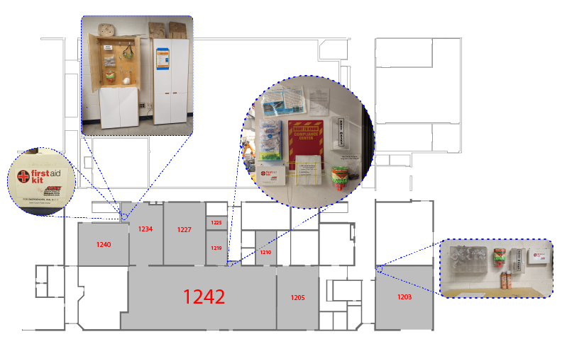 Map of locations for PPE on the first floor of the Art & Architecture Building. Locations include rooms, 1203, 1234, and 1242